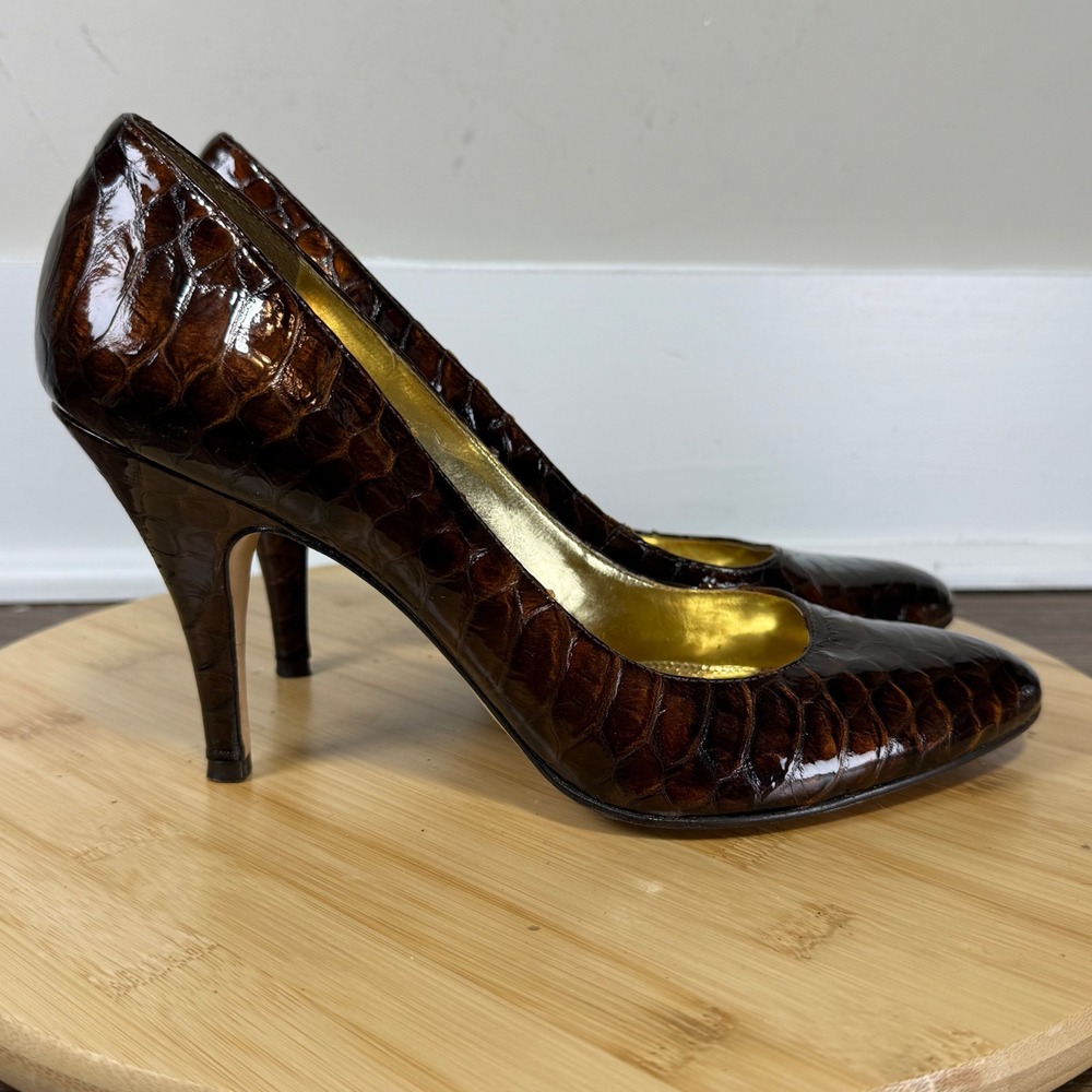 Antonio Melani Pumps Womens 8.5M Brown Croc Embossed Patent Leather Corporate